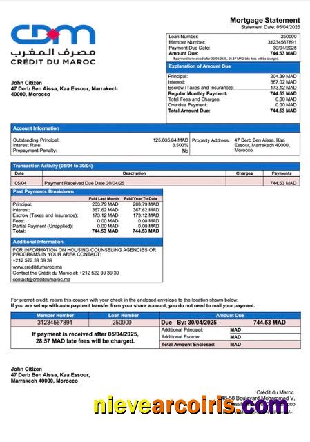 Morocco Crédit du Maroc mortgage statement Word and PDF template